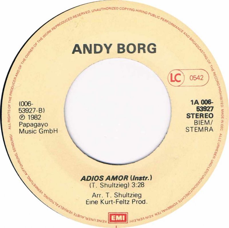 Andy Borg - Adios Amor 43425 Vinyl Singles Vinyl Very Good (VG) <br> Hoes Good Plus (G+)