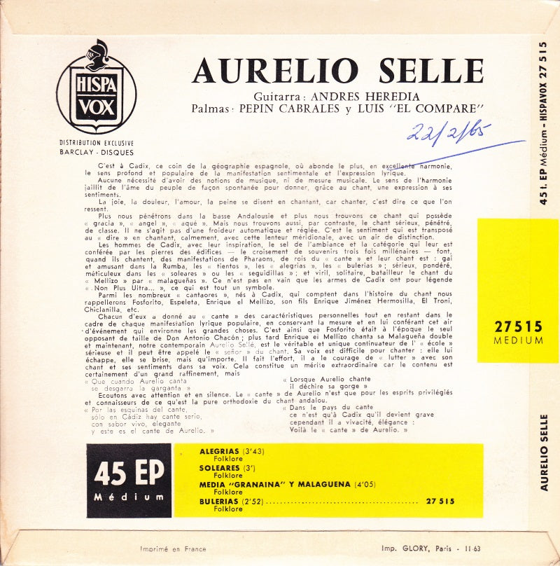 Aurelio Sellés - Alegrias Vinyl Singles EP Vinyl Very Good (VG) <br> Hoes Good Plus (G+)