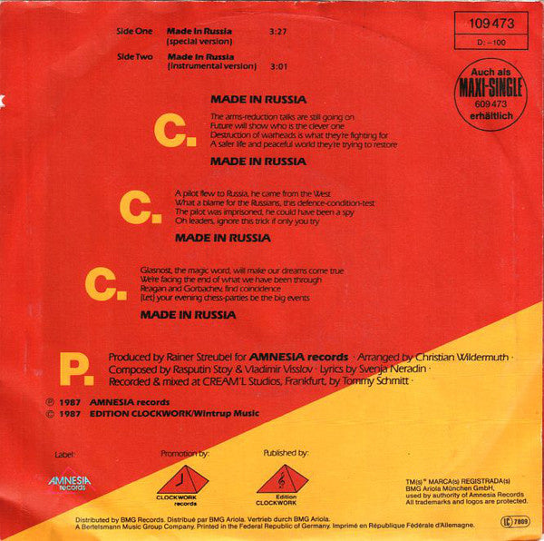 C.C.C.P. - Made In Russia 39070 Vinyl Singles Vinyl Very Good (VG) <br> Hoes Good Plus (G+)