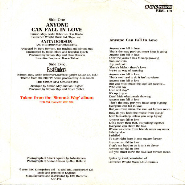Anita Dobson And The Simon May Orchestra - Anyone Can Fall In Love Vinyl Singles Vinyl Very Good (VG) <br> Hoes Good Plus (G+)