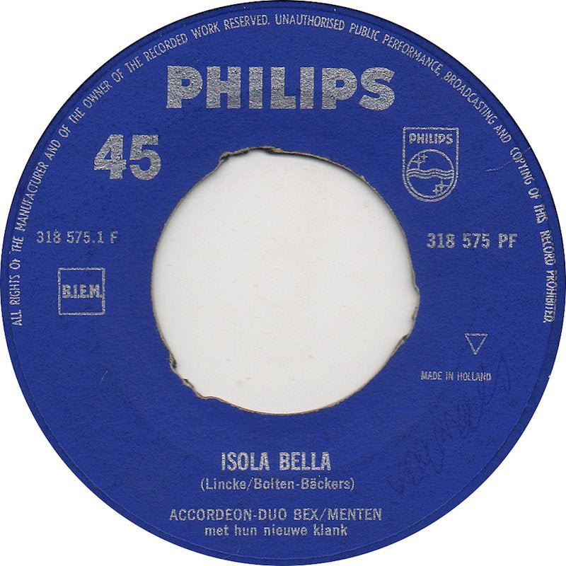 Accordeon Duo Bex Menten - Isola Bella Vinyl Singles Vinyl Very Good (VG) <br> Hoes Good Plus (G+)