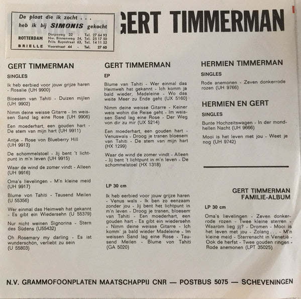 Gert Timmerman - Twee Gouden Ringen 23052 Vinyl Singles Vinyl Very Good (VG) <br> Hoes Good Plus (G+)