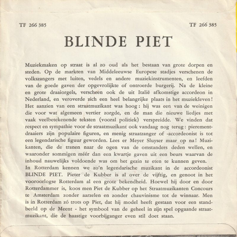 Blinde Piet - Si Vous L'Aviez Compris Vinyl Singles Vinyl Very Good (VG) <br> Hoes Good Plus (G+)