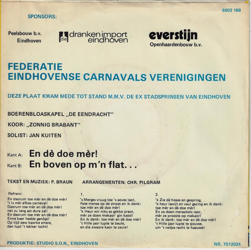 Federatie Eindhovense Carnavalsverenigingen - En De Doe Mer Vinyl Singles Vinyl Very Good (VG) <br> Hoes Good Plus (G+)