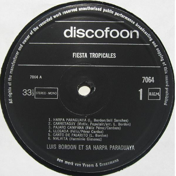 Luis Bordon Et Sa Harpa Paraguaya - Fiesta Tropicales (LP) Vinyl LP Vinyl Very Good (VG) <br> Hoes Good Plus (G+)