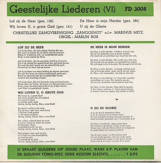 Chr. Zangvereniging Zanggenot - Geestelijke Liederen Vinyl Singles EP Vinyl Zeer Goed / Hoesje Goed "VINYLSINGLES.NL"