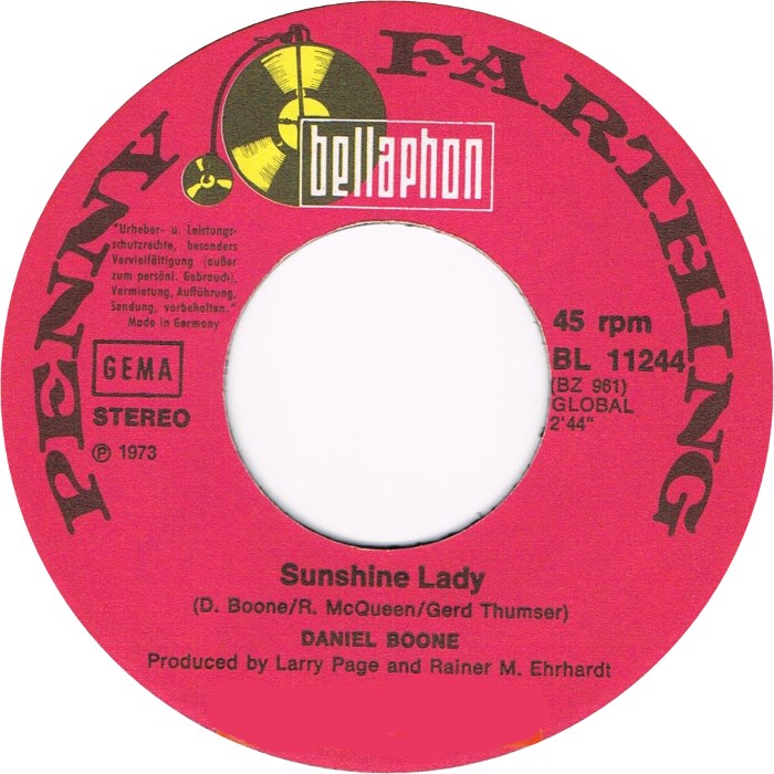 Daniel Boone - Sunshine Lady Vinyl Singles Vinyl Very Good (VG) <br> Hoes Good Plus (G+)