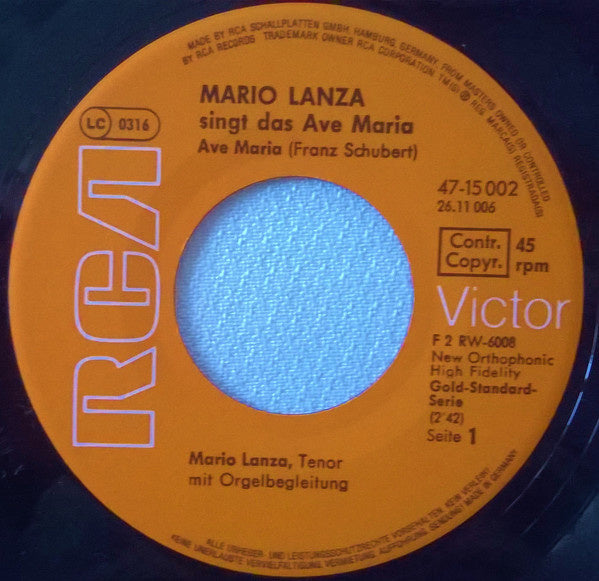 Mario Lanza - Mario Lanza Singt Das Ave Maria Vinyl Singles