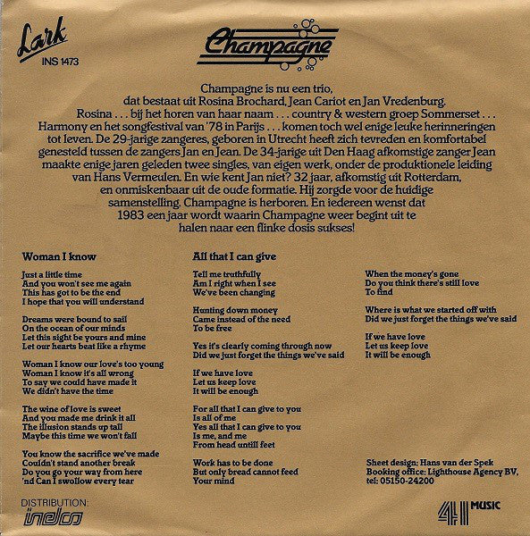 Champagne - Woman I Know Vinyl Singles Vinyl Very Good (VG) <br> Hoes Good Plus (G+)