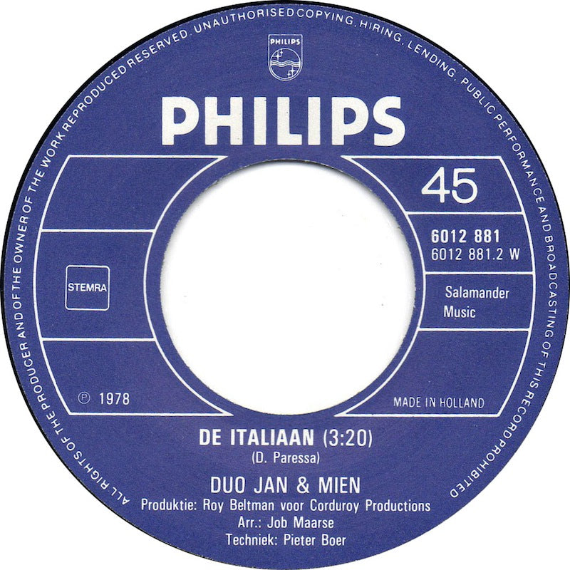 Duo Jan En Mien - De Zuidenwind (B-Keus) Vinyl Singles Vinyl Goed / Hoes Redelijk