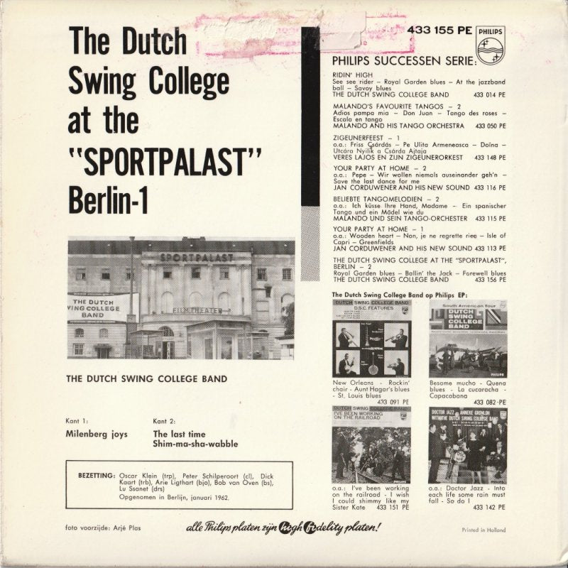 Dutch Swing College Band - The Dutch Swing College At The Sportpalast Berlin - * Vinyl Singles EP Vinyl Very Good (VG) <br> Hoes Good Plus (G+)