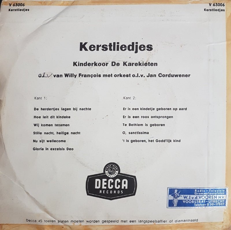 Kinderkoor De Karekieten - Kerstliedjes 17794 Vinyl Singles EP Vinyl Very Good (VG) <br> Hoes Good Plus (G+)