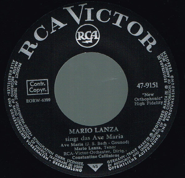 Mario Lanza - Ave Maria 04972 Vinyl Singles Vinyl (VG) <br> Hoes (G+)