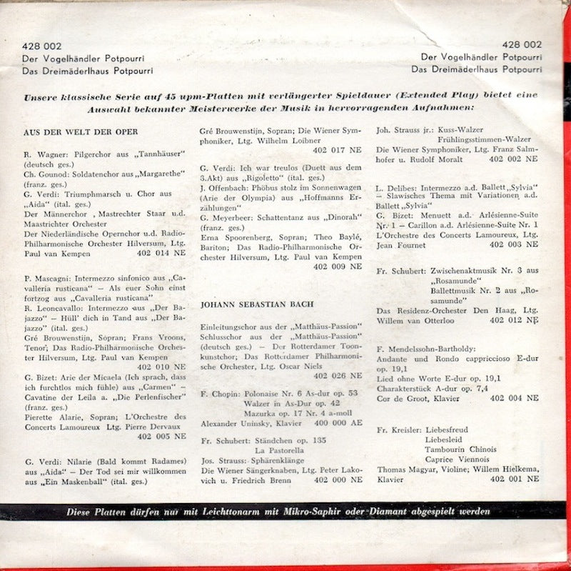 Various - Der Vogelhandler Potpourri Vinyl Singles Vinyl Very Good (VG) <br> Hoes Good Plus (G+)