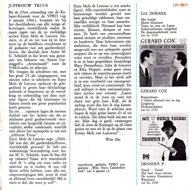 Enny Mols de Leeuwe - Juffrouw Truus Van De Twaletten 33516 Vinyl Singles Vinyl Very Good (VG) <br> Hoes Good Plus (G+)