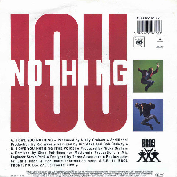Bros - I Owe You Nothing Vinyl Singles Vinyl Very Good (VG) <br> Hoes Good Plus (G+)