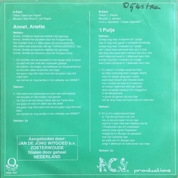 Geert ten Napel / 'T Letste Ogenblik - Annet, Annette / De Put Vinyl Singles Vinyl Very Good (VG) <br> Hoes Good Plus (G+)