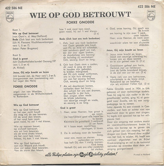 Fokke Gnodde - Wie Op God Betrouwt Vinyl Singles EP Vinyl Zeer Goed / Hoesje Goed "VINYLSINGLES.NL"