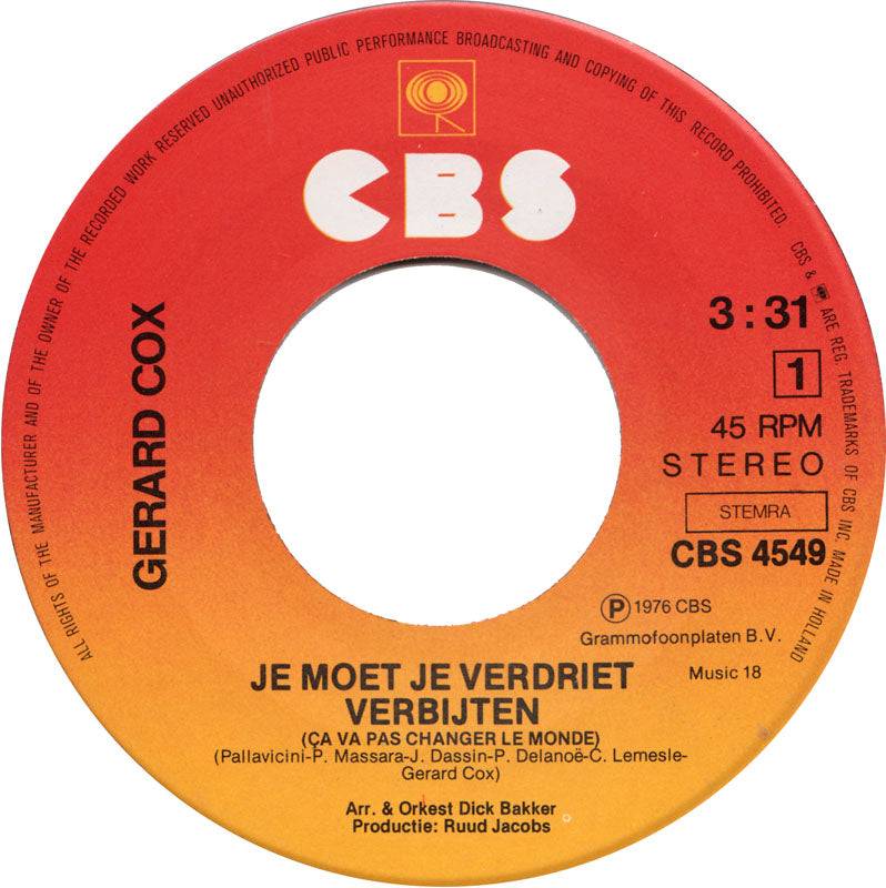 Gerard Cox - Je Moet Je Verdriet Verbijten Vinyl Singles