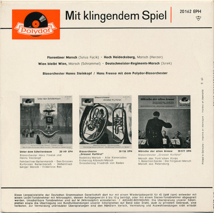 Blasorchester Hanns Steinkopf / Hans Freese Mit Dem Polydor-Blasorchester - Mit Klingendem Spiel Vinyl Singles EP Vinyl Very Good (VG) <br> Hoes Good Plus (G+)