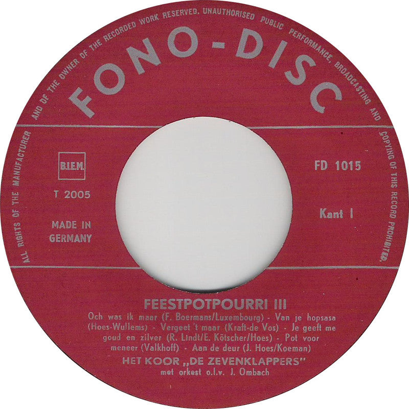Koor Zevenklappers de met Orkest - Feestpotpourri 13857 Vinyl Singles EP