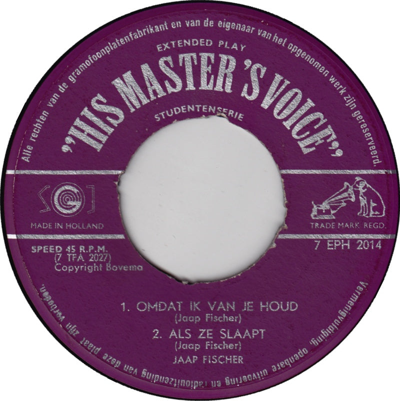 Jaap Fischer - Omdat Ik Van Je Houd 29572 Vinyl Singles EP Vinyl Very Good (VG) <br> Hoes Good Plus (G+)