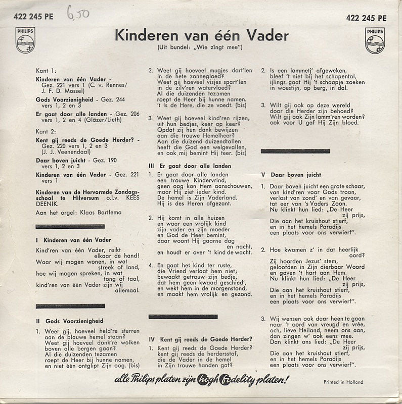 Hervormde Zondagsschool Hilversum - Kinderen Van Een Vader Vinyl Singles EP Vinyl Very Good (VG) <br> Hoes Good Plus (G+)