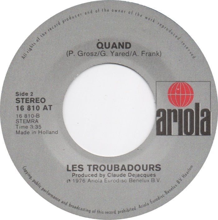 Les Troubadours - Trois Petits Soldats Vinyl Singles Vinyl Very Good (VG) <br> Hoes Good Plus (G+)