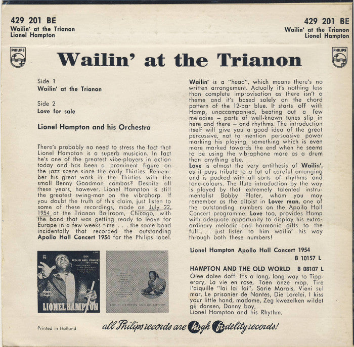 Lionel Hampton And His Orchestra - Wailin' At The Trianon Vinyl Singles EP Vinyl Goed / Hoes Goed