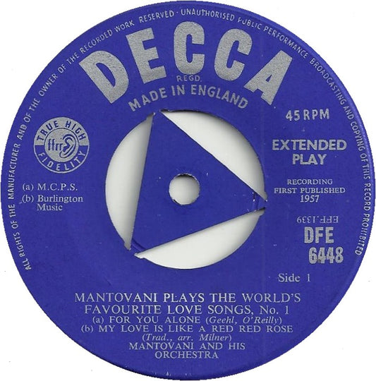Mantovani And His Orchestra - Mantovani Plays The World's Favourite Love Songs No. * Vinyl Singles EP Vinyl Zeer Goed / Hoesje Goed "VINYLSINGLES.NL"