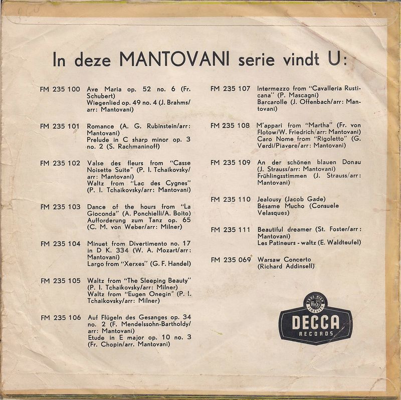 Mantovani And His Orchestra - Beautiful Dreamer 32371 Vinyl Singles Vinyl (VG) <br> Hoes (G+)