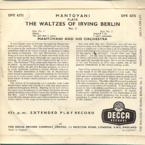 Mantovani And His Orchestra - Mantovani Plays The Waltzes Of Irving Berlin No.* Vinyl Singles EP Vinyl (VG) <br> Hoes (G+)