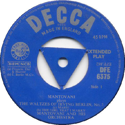 Mantovani And His Orchestra - Mantovani Plays The Waltzes Of Irving Berlin No.* Vinyl Singles EP Vinyl Zeer Goed / Hoesje Goed "VINYLSINGLES.NL"