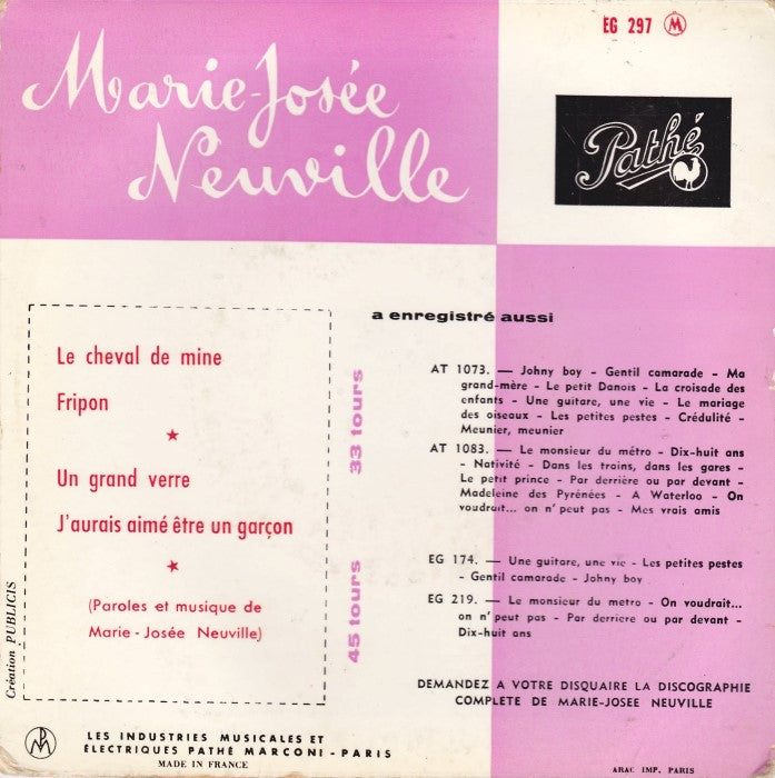 Marie-JosǸe Neuville - La Collégienne De La Chanson No. * Vinyl Singles EP Vinyl Very Good (VG) <br> Hoes Good Plus (G+)