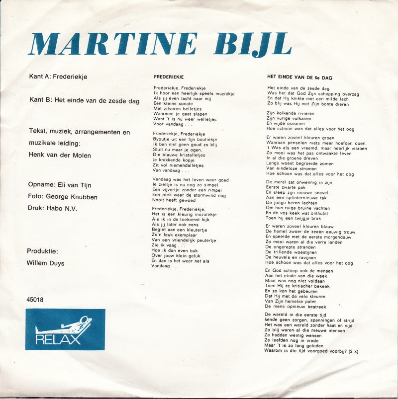 Martine Bijl - Frederiekje Vinyl Singles Vinyl (VG) <br> Hoes (G+)