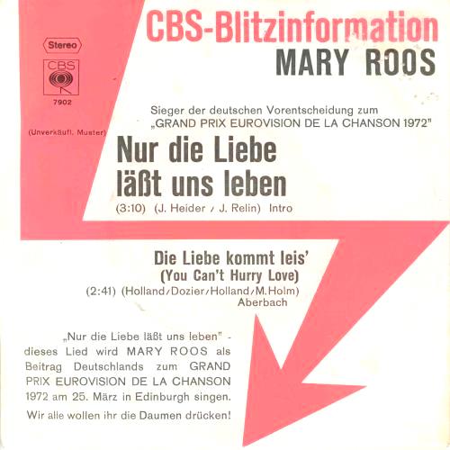 Mary Roos - Nur Die Liebe Läßt Uns Leben Vinyl Singles Vinyl (VG) <br> Hoes (G+)
