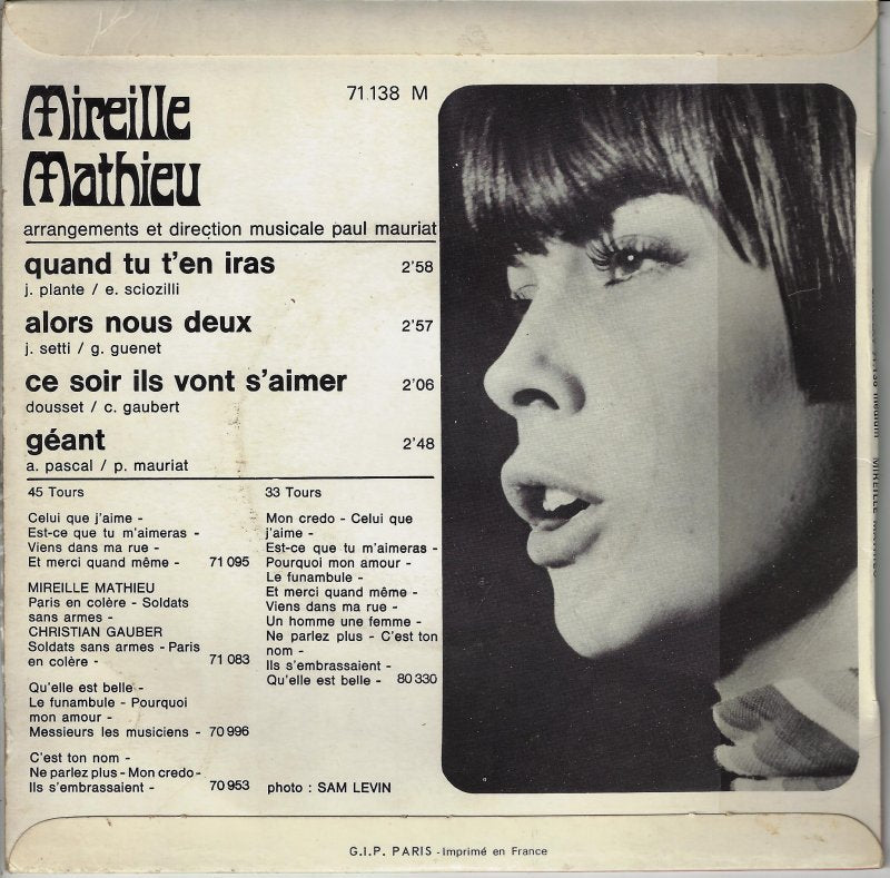 Mireille Mathieu - Quand Tu T'en Iras Vinyl Singles EP Vinyl Very Good (VG) <br> Hoes Good Plus (G+)