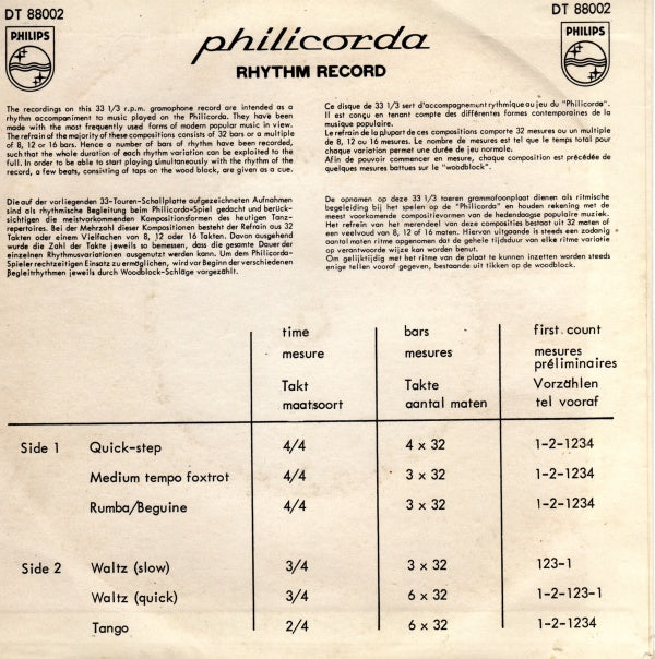 Unknown Artist - Philicorda Rhythm Record (** ⅓ RPM) Vinyl Singles Vinyl Very Good (VG) <br> Hoes Good Plus (G+)