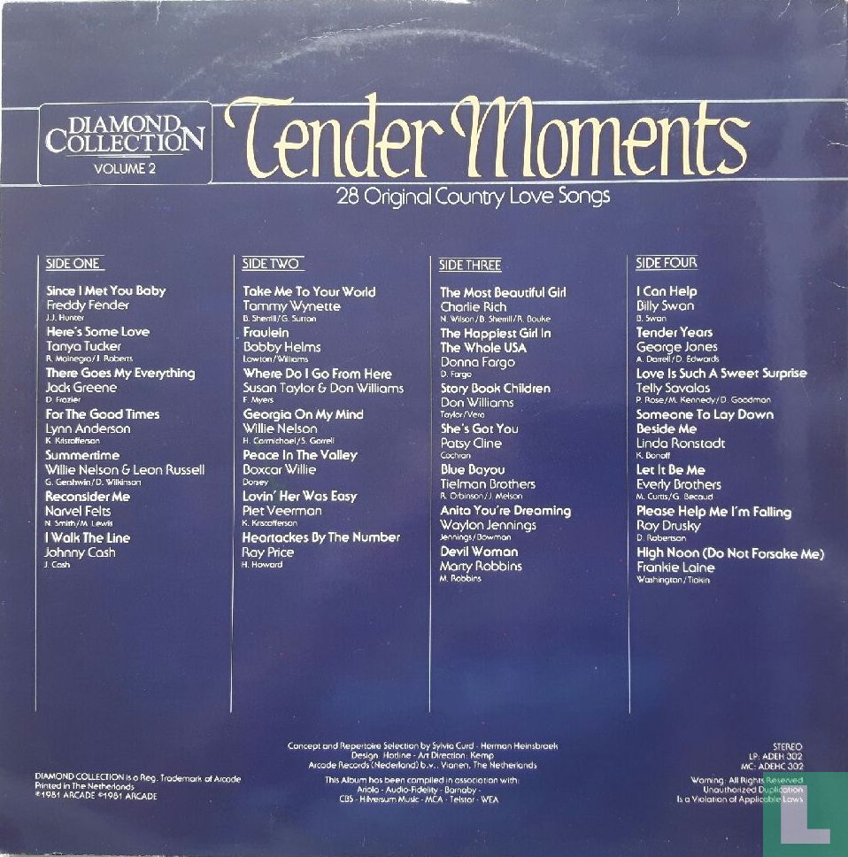 Various - Tender Moments - ** Original Country Love Songs (LP) Vinyl LP Vinyl Very Good (VG) <br> Hoes Good Plus (G+)