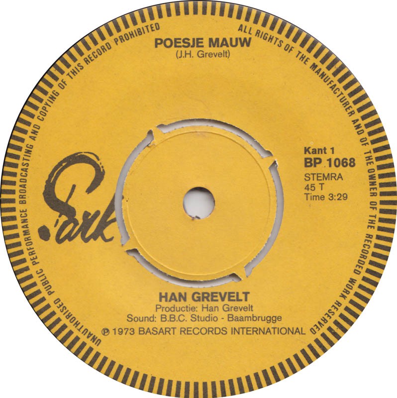Han Grevelt - Poesje Mauw Vinyl Singles Vinyl Very Good (VG) <br> Hoes Good Plus (G+)