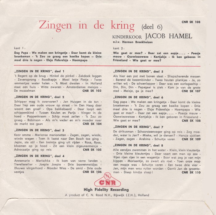 Kinderkoor Jacob Hamel - Zingen In De Kring 6 Vinyl Singles EP Vinyl Very Good (VG) <br> Hoes Good Plus (G+)