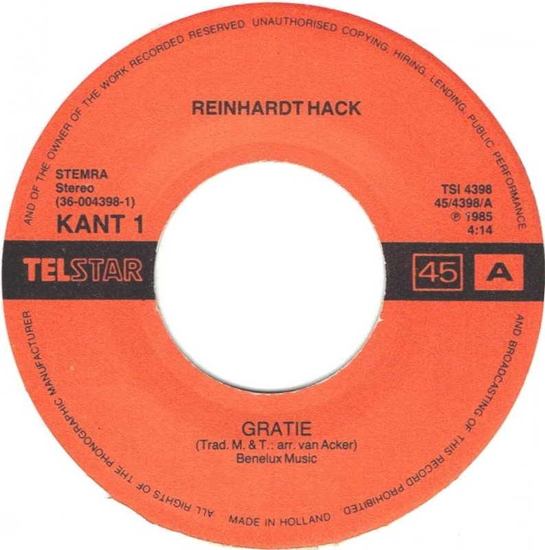 Reinhart Hack - Gratie Vinyl Singles Vinyl Very Good (VG) <br> Hoes Generic