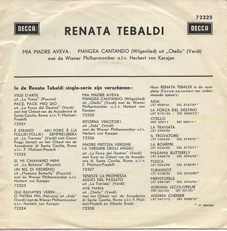 Renata Tebaldi - Mia Madre Aveva Vinyl Singles Vinyl Very Good (VG) <br> Hoes Good Plus (G+)