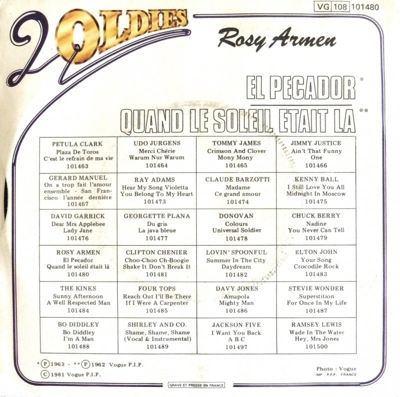 Rosy Armen - El Pecador Vinyl Singles Vinyl Very Good (VG) <br> Hoes Good Plus (G+)