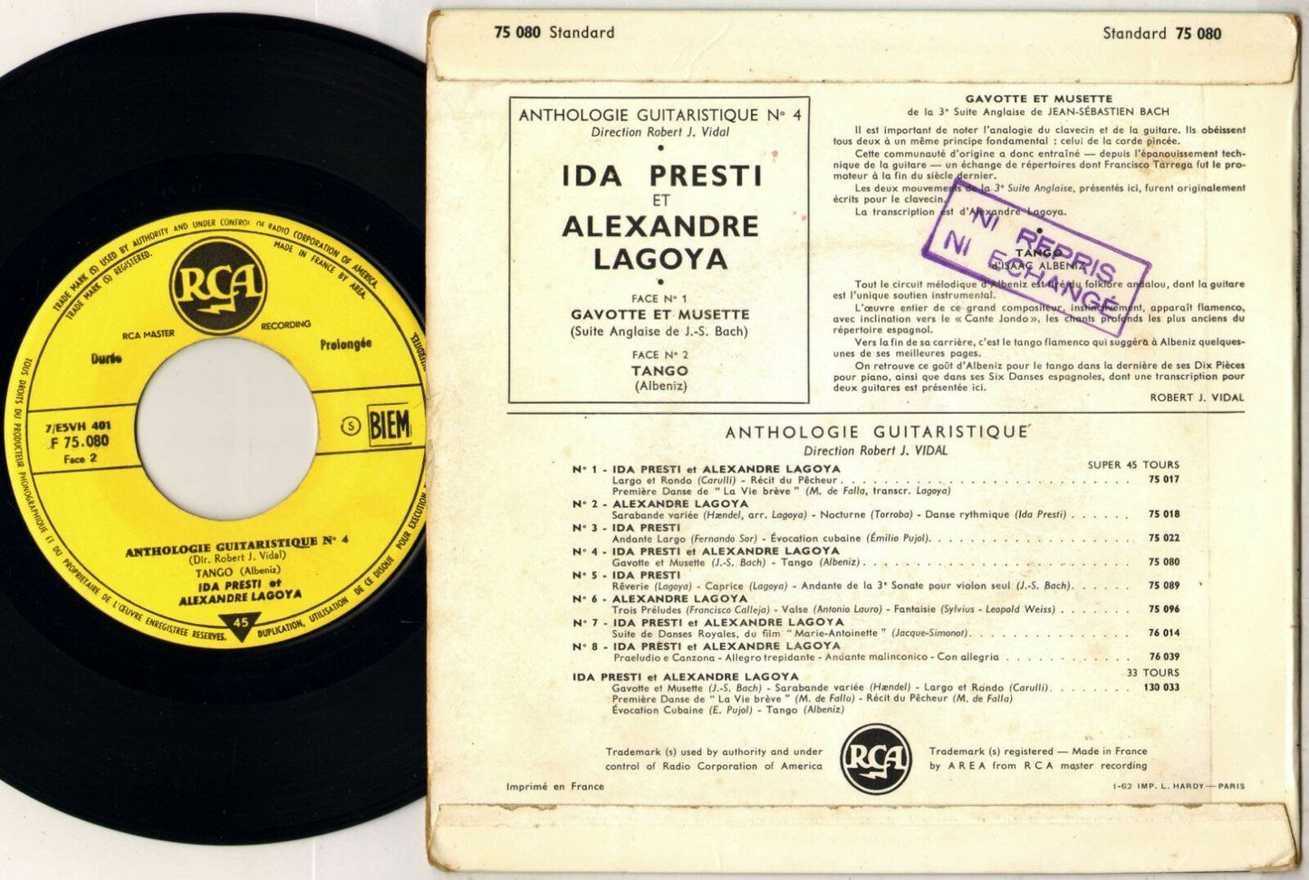 Ida Presti et Alexandre Lagoya - Anthologie Guitaristique * Vinyl Singles EP Vinyl Very Good (VG) <br> Hoes Good Plus (G+)