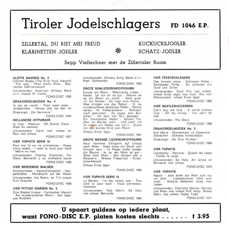 Sepp Viellechner Und Die Zillertaler Buam - Tiroler Jodelschlagers Vinyl Singles EP Vinyl Very Good (VG) <br> Hoes Good Plus (G+)