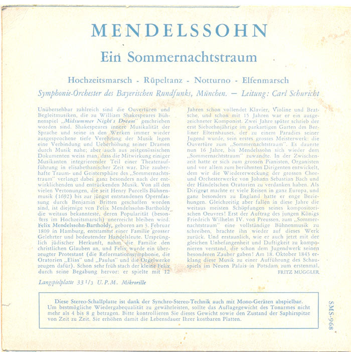 Mendelssohn - Ein Sommernachtstraum Vinyl Singles EP Vinyl Very Good (VG) <br> Hoes Good Plus (G+)
