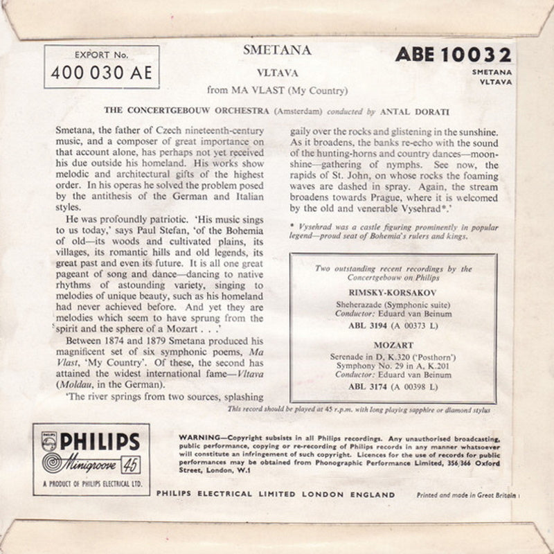 Concertgebouw Orchestra, Amsterdam Conducted - Vltava From Ma Vlast Vinyl Singles Vinyl Very Good (VG) <br> Hoes Good Plus (G+)