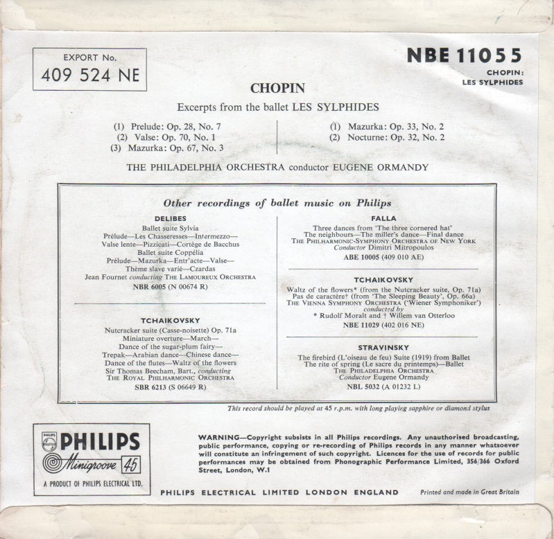 Chopin, Philadelphia Orchestra - Chopin Les Sylphides Ballet Excerpts Vinyl Singles EP Vinyl Very Good (VG) <br> Hoes Good Plus (G+)