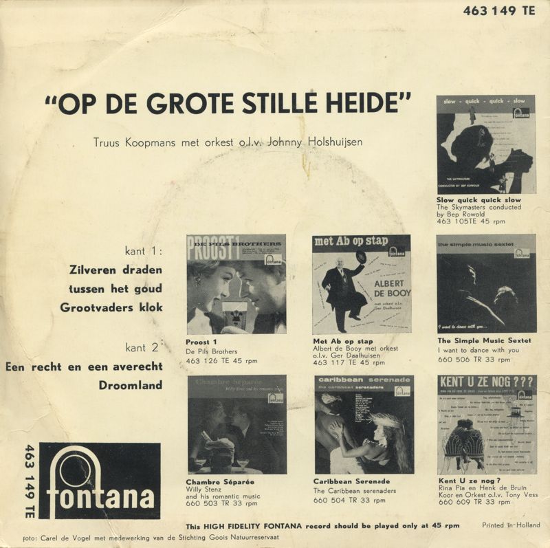 Truus Koopmans - Op De Grote Stille Heide Vinyl Singles EP Vinyl Very Good (VG) <br> Hoes Good Plus (G+)